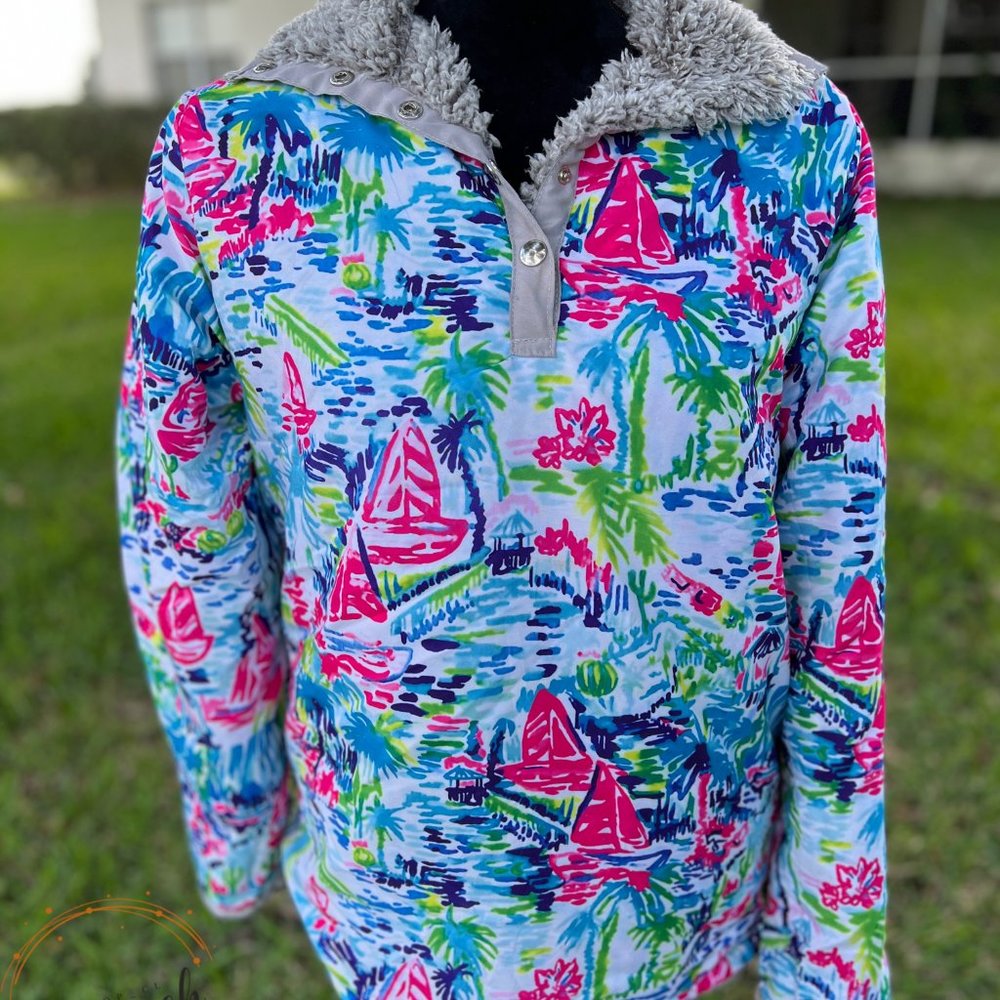 PREPPY SAIL BOAT/PALM TREE/BEACHY DESIGN SHERPA SWEATER